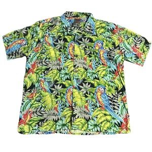 VTG Pineapple Connection Hawaiian Shirt Mens Medium Green Macaw Parrot 90s